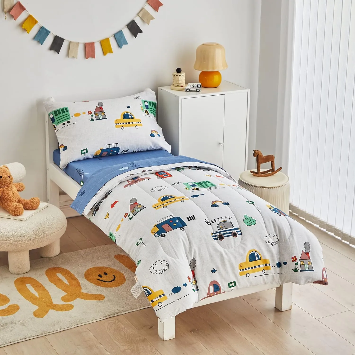 100% Cotton 4 Pieces Cars Toddler Bedding Set With Colorful Cars House Cloud R