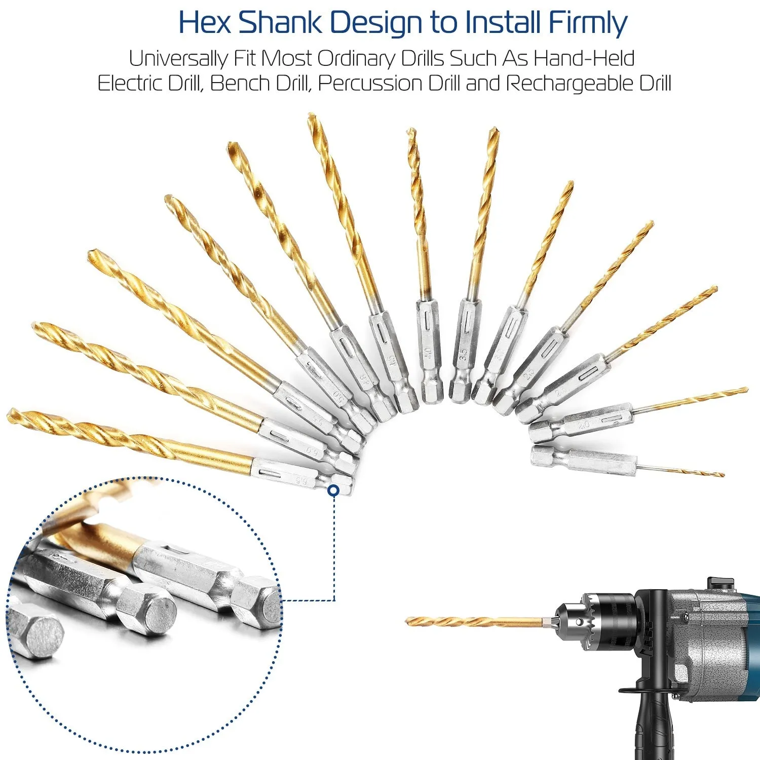 13 Pcs Hex Shank Drill Bit Set Titanium Coated Twist Drill Set High Speed Steel