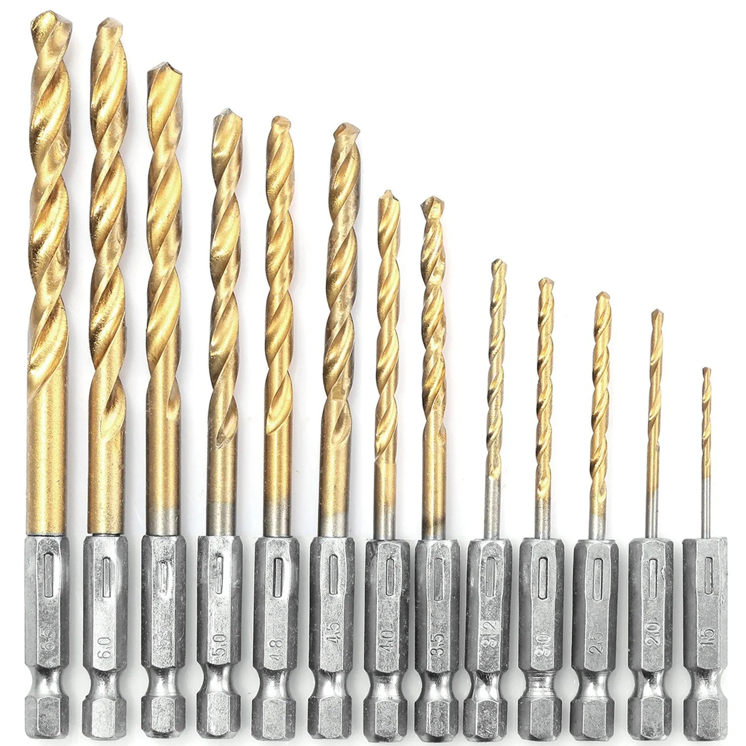 13 Pcs Hex Shank Drill Bit Set Titanium Coated Twist Drill Set High Speed Steel