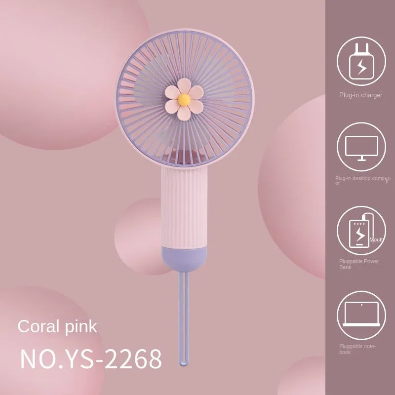 2023 New Flowers Simple Handheld Fan Outdoor with Lanyard Pocket Mini Fan Portable Three-gear Wind U