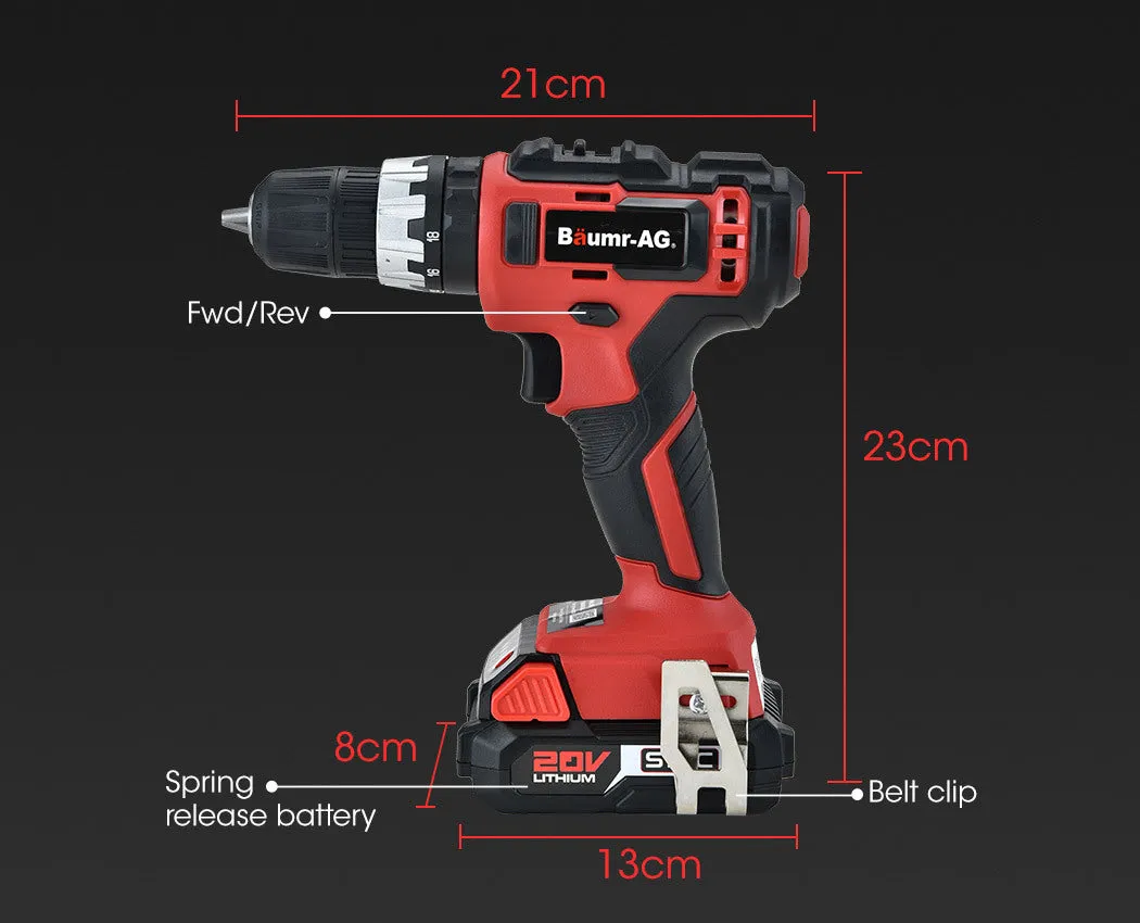 20V Cordless Power Drill Kit, TriMode Hammer, 13pc Set - Baumr-AG