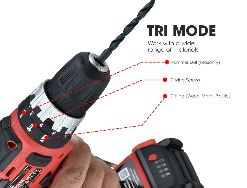 20V Cordless Power Drill Kit, TriMode Hammer, 13pc Set - Baumr-AG