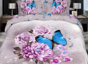 3D Blue Butterfly Surrounding Purple Flowers Printed Cotton Luxury 4-Piece Bedding Sets