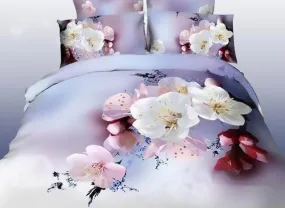 3D Pink and White Cherry Blossom Printed Cotton Luxury 4-Piece Bedding Sets