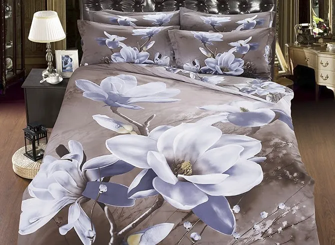 3D White Magnolia Printed Cotton Luxury 4-Piece Bedding Sets/Duvet Cover