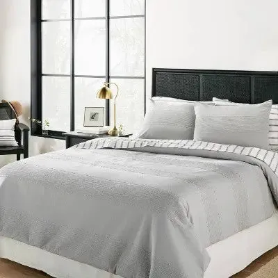 3pc Full/Queen Slub Center Strip Comforter Set Jet Gray - Hearth & Hand with