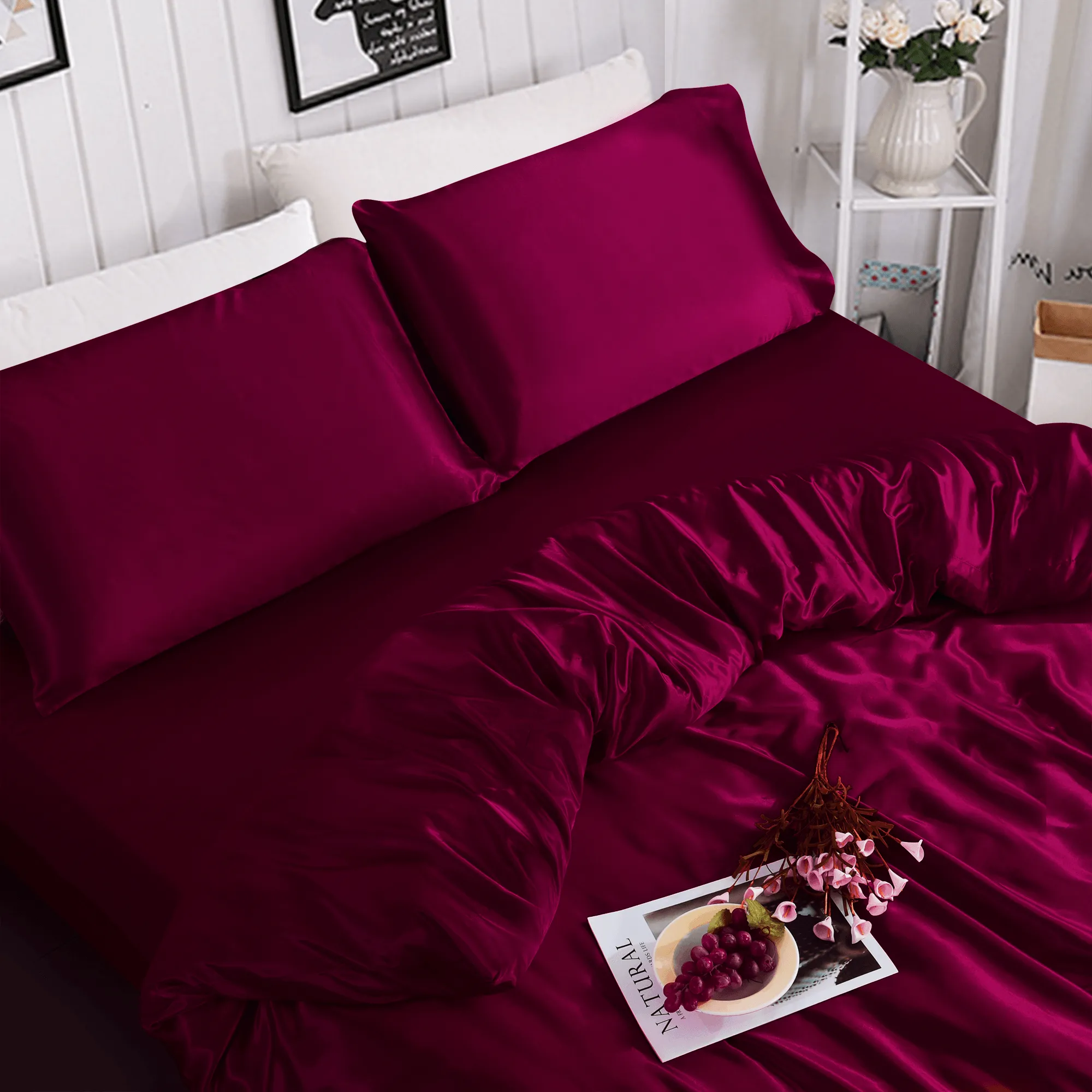 3PCS Burgundy Satin Duvet Cover Set - Silky Soft & Hypoallergenic Bedding