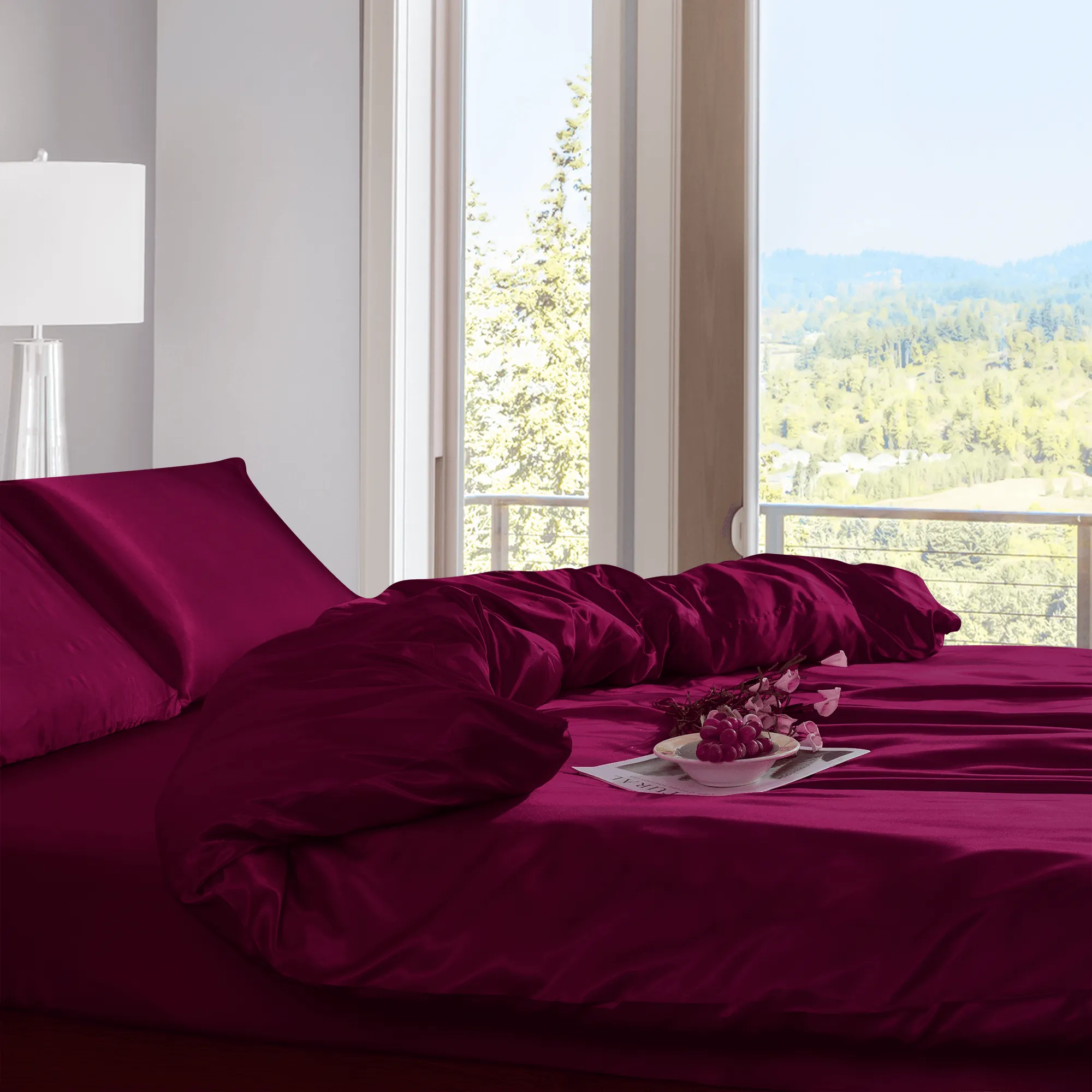 3PCS Burgundy Satin Duvet Cover Set - Silky Soft & Hypoallergenic Bedding