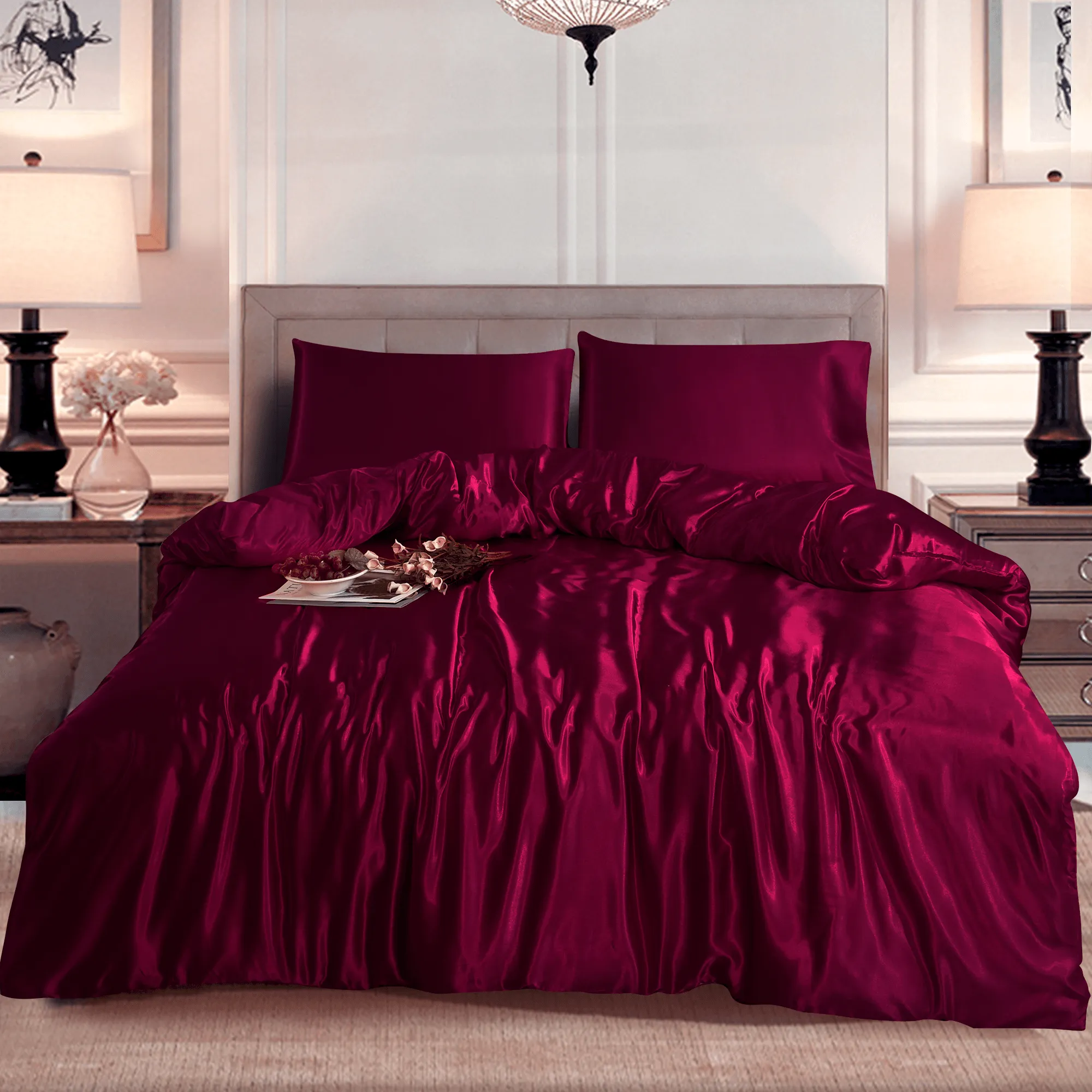 3PCS Burgundy Satin Duvet Cover Set - Silky Soft & Hypoallergenic Bedding