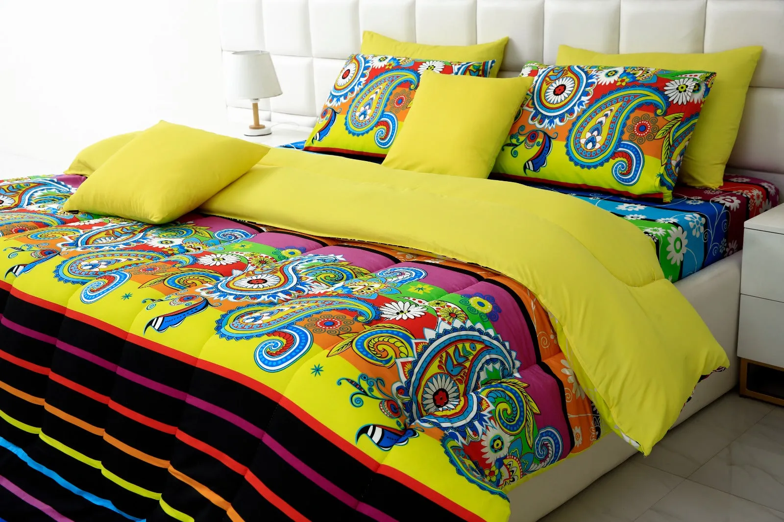 5 PCs Single Comforter Set-Multi Flower (Yellow Reverse)