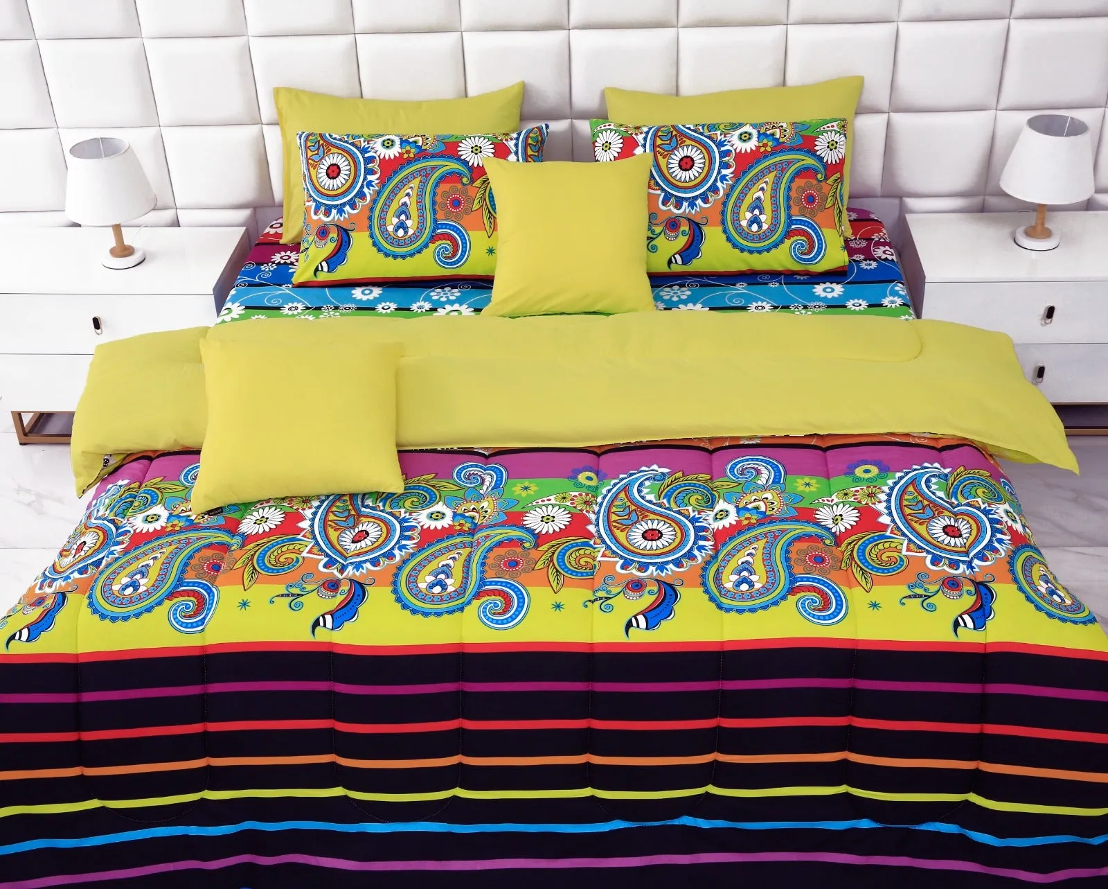 5 PCs Single Comforter Set-Multi Flower (Yellow Reverse)