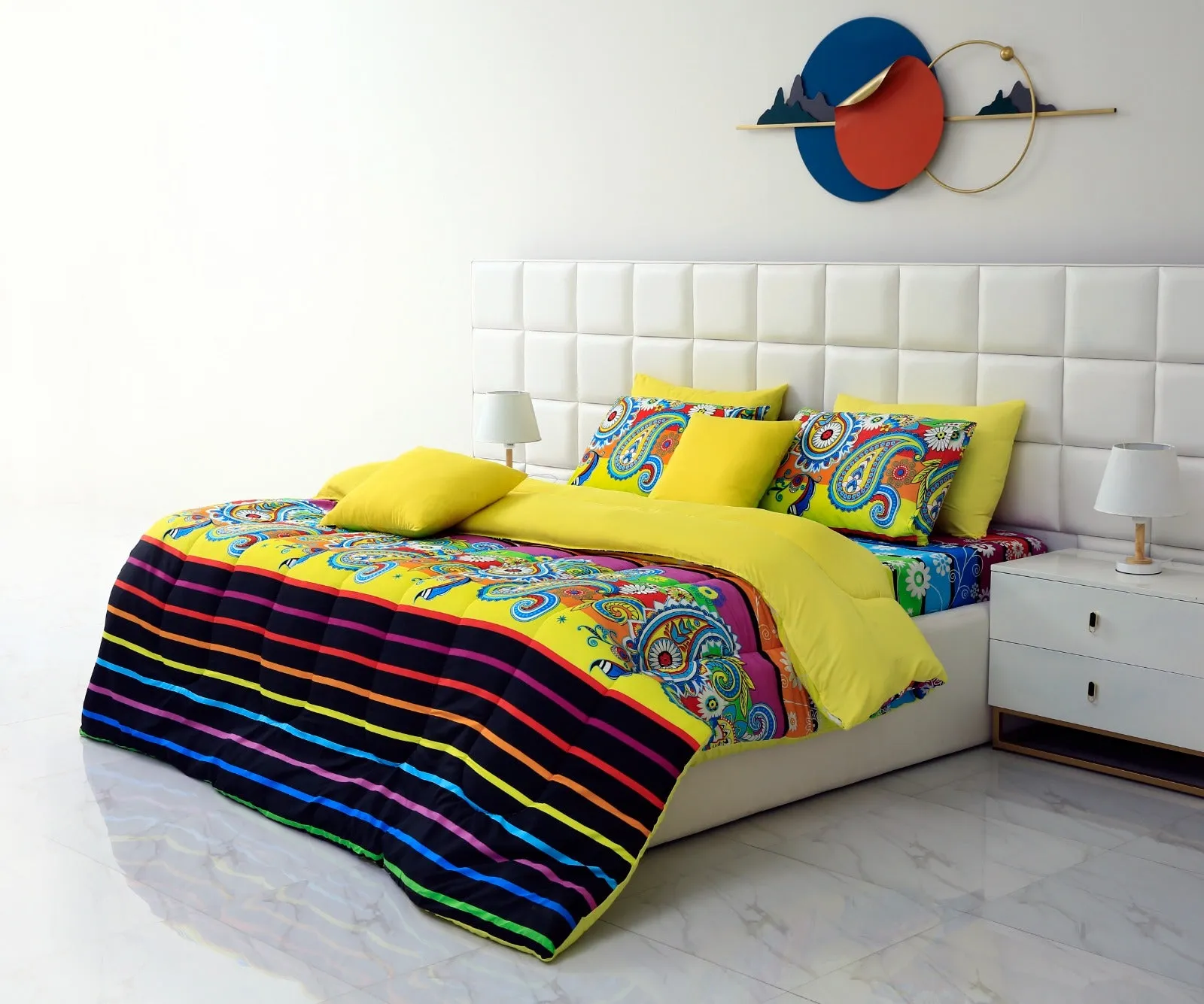 5 PCs Single Comforter Set-Multi Flower (Yellow Reverse)