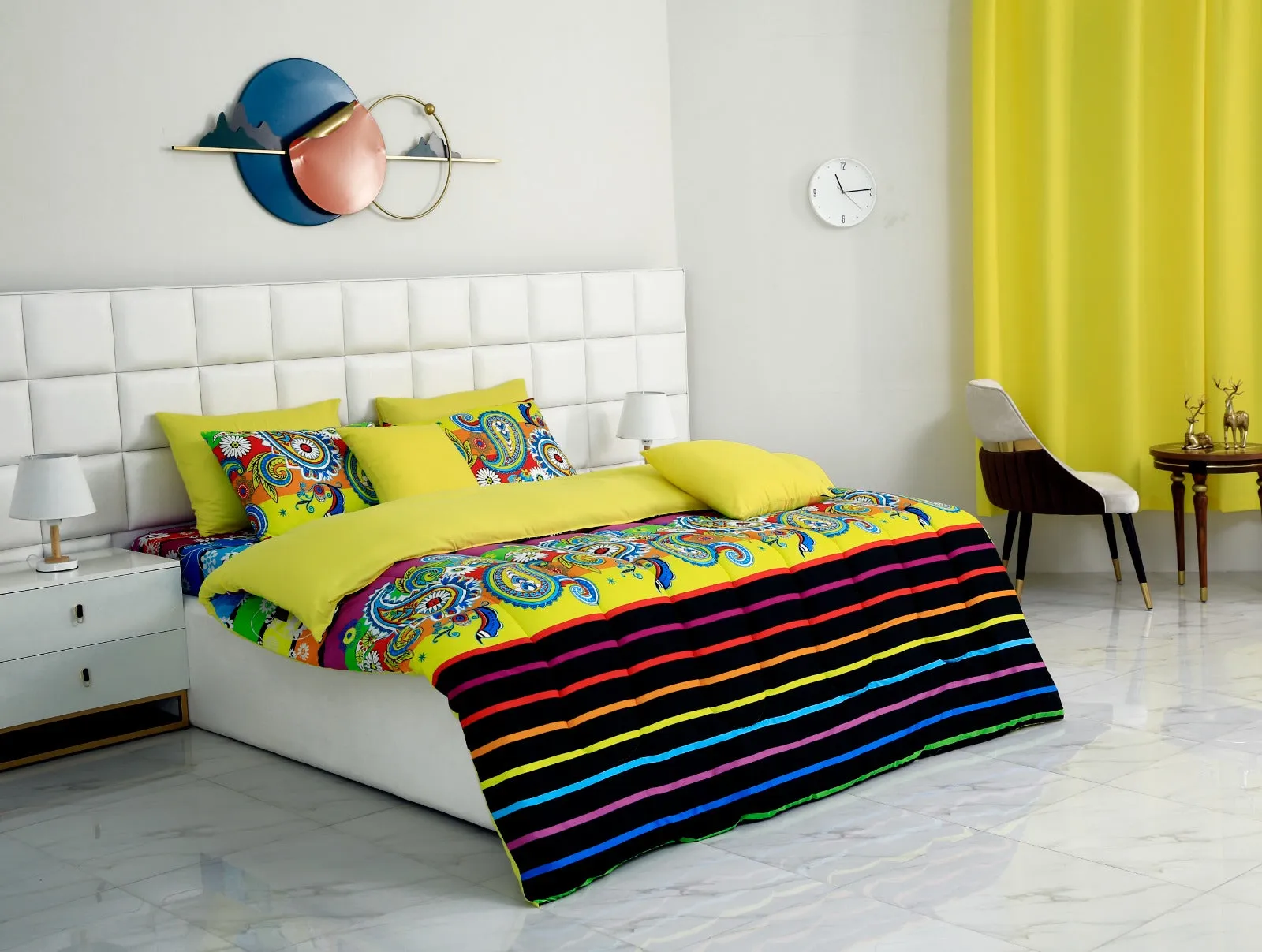 5 PCs Single Comforter Set-Multi Flower (Yellow Reverse)