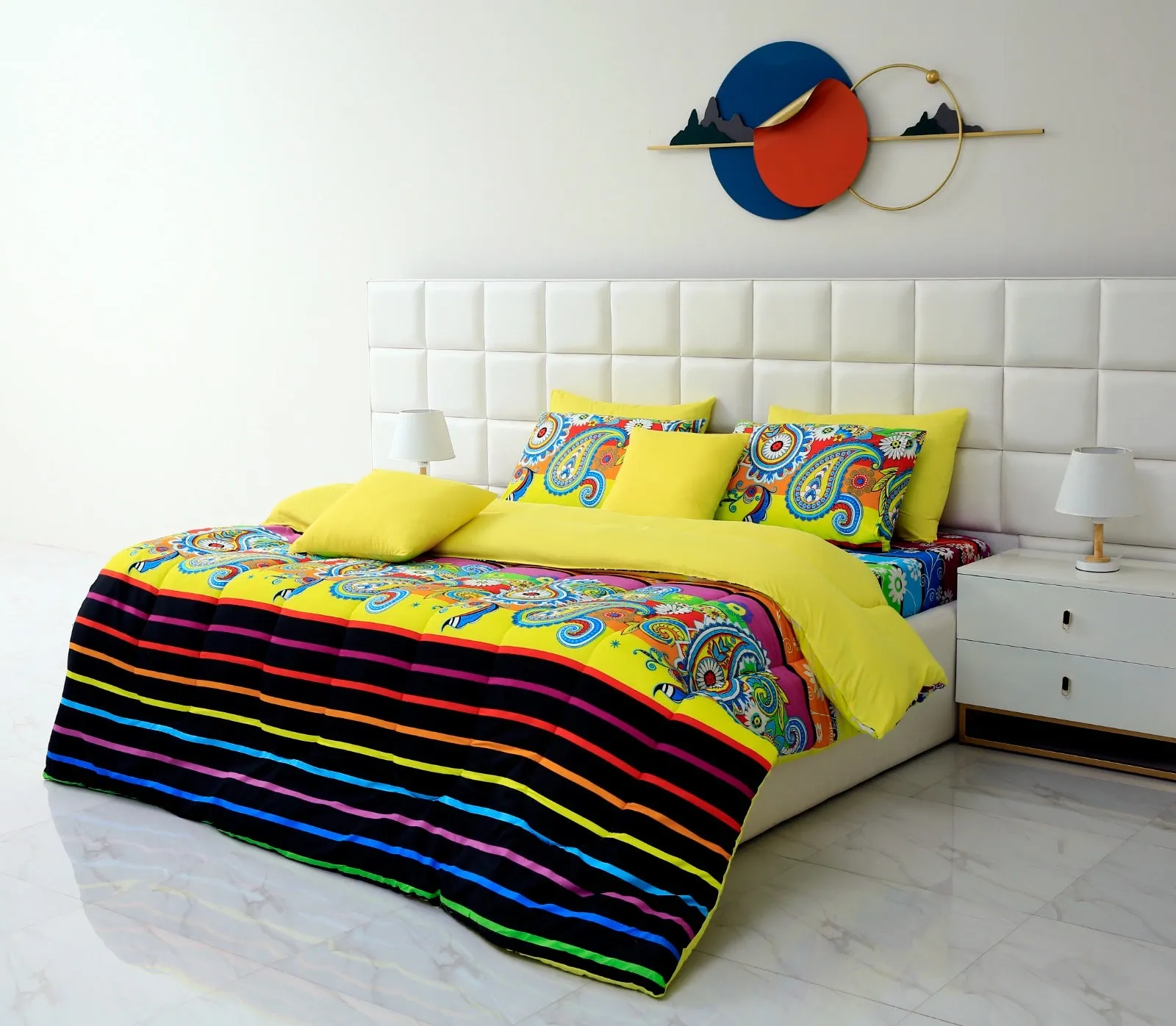 5 PCs Single Comforter Set-Multi Flower (Yellow Reverse)