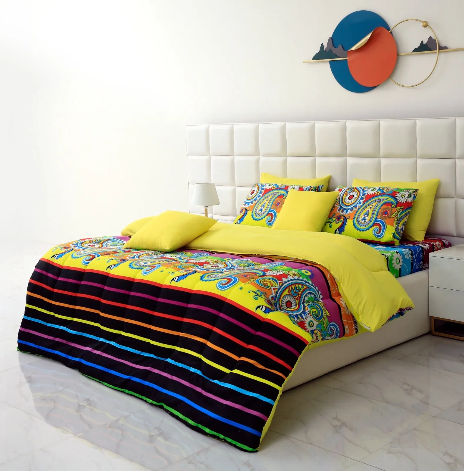 5 PCs Single Comforter Set-Multi Flower (Yellow Reverse)