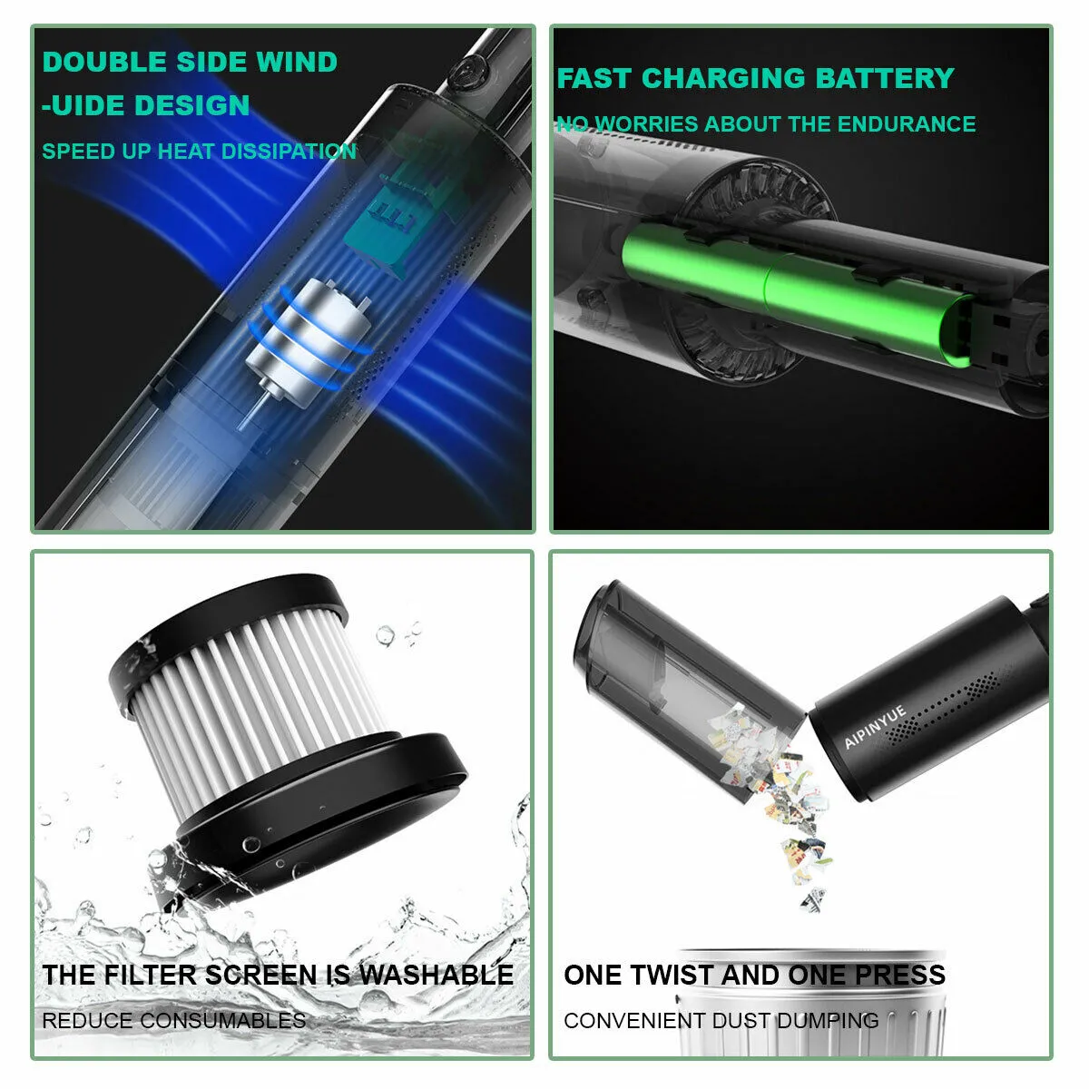 6000Pa Suction Portable Car Vacuum Cleaner, Wireless Charging