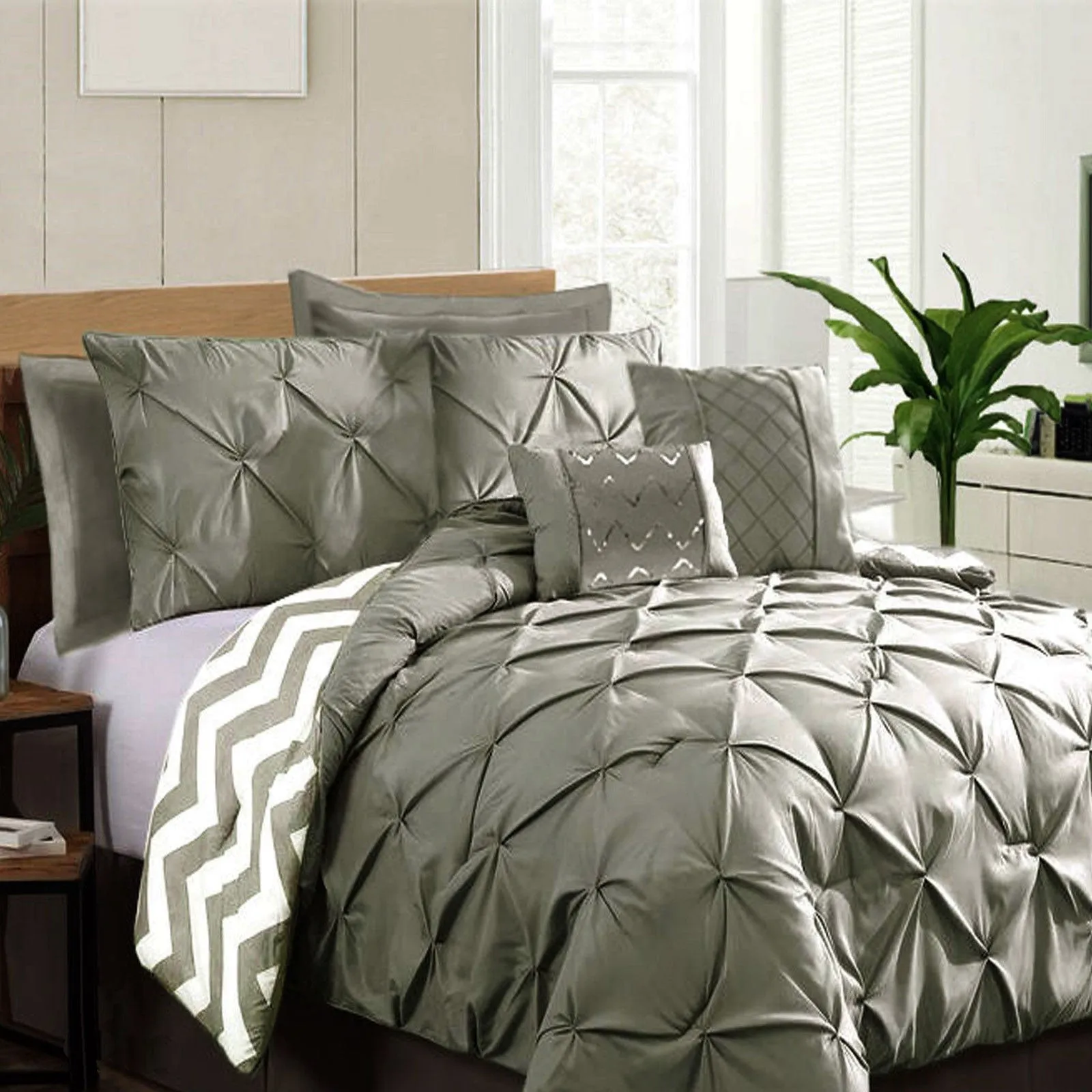 7 Piece Pinch Pleat Comforter Set Grey King