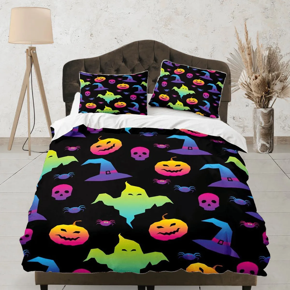 90s neon cute halloween full bedding & pillowcase, duvet cover set dorm bedding, halloween decor, nursery toddler bedding, halloween gift