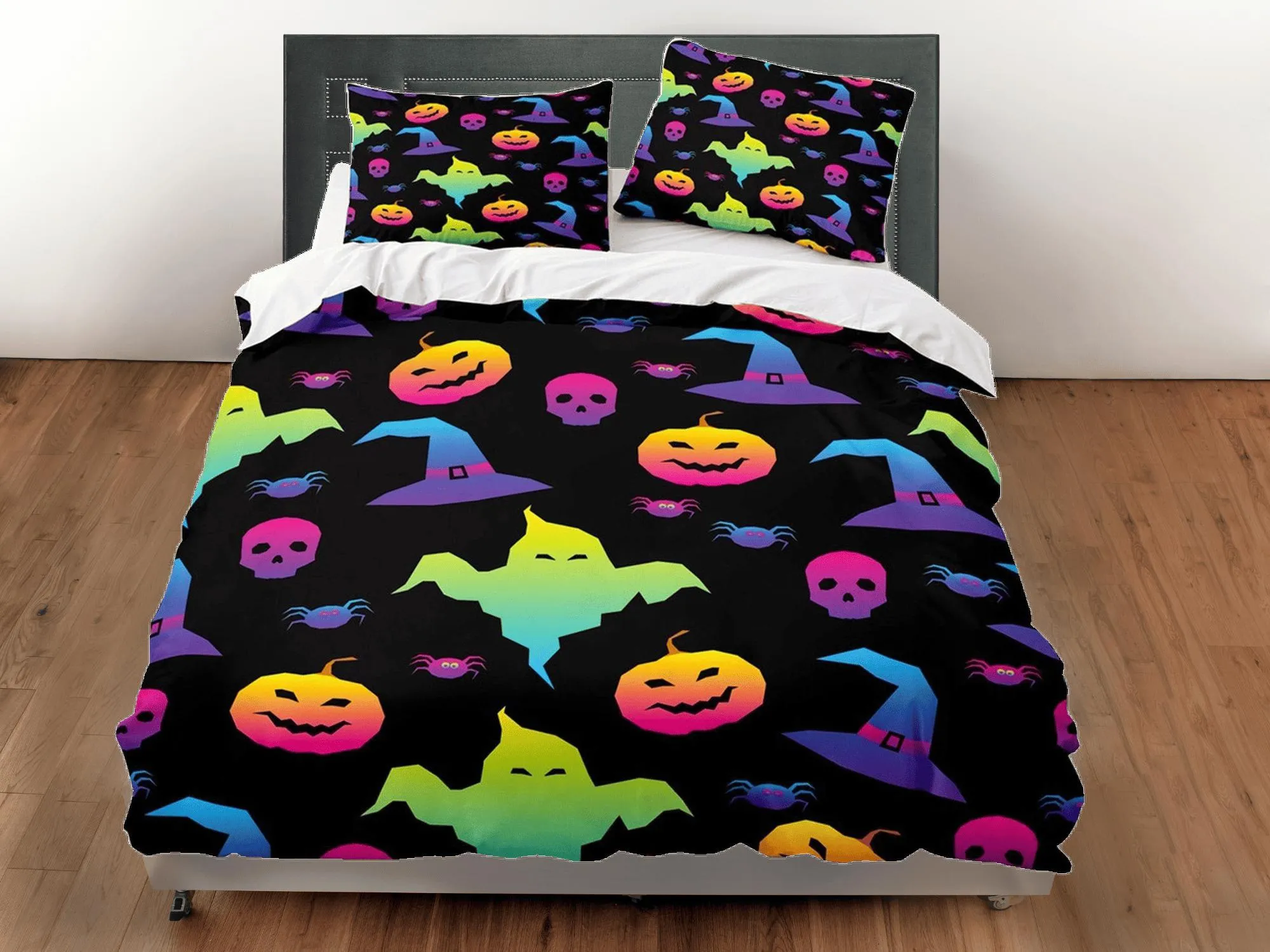 90s neon cute halloween full bedding & pillowcase, duvet cover set dorm bedding, halloween decor, nursery toddler bedding, halloween gift