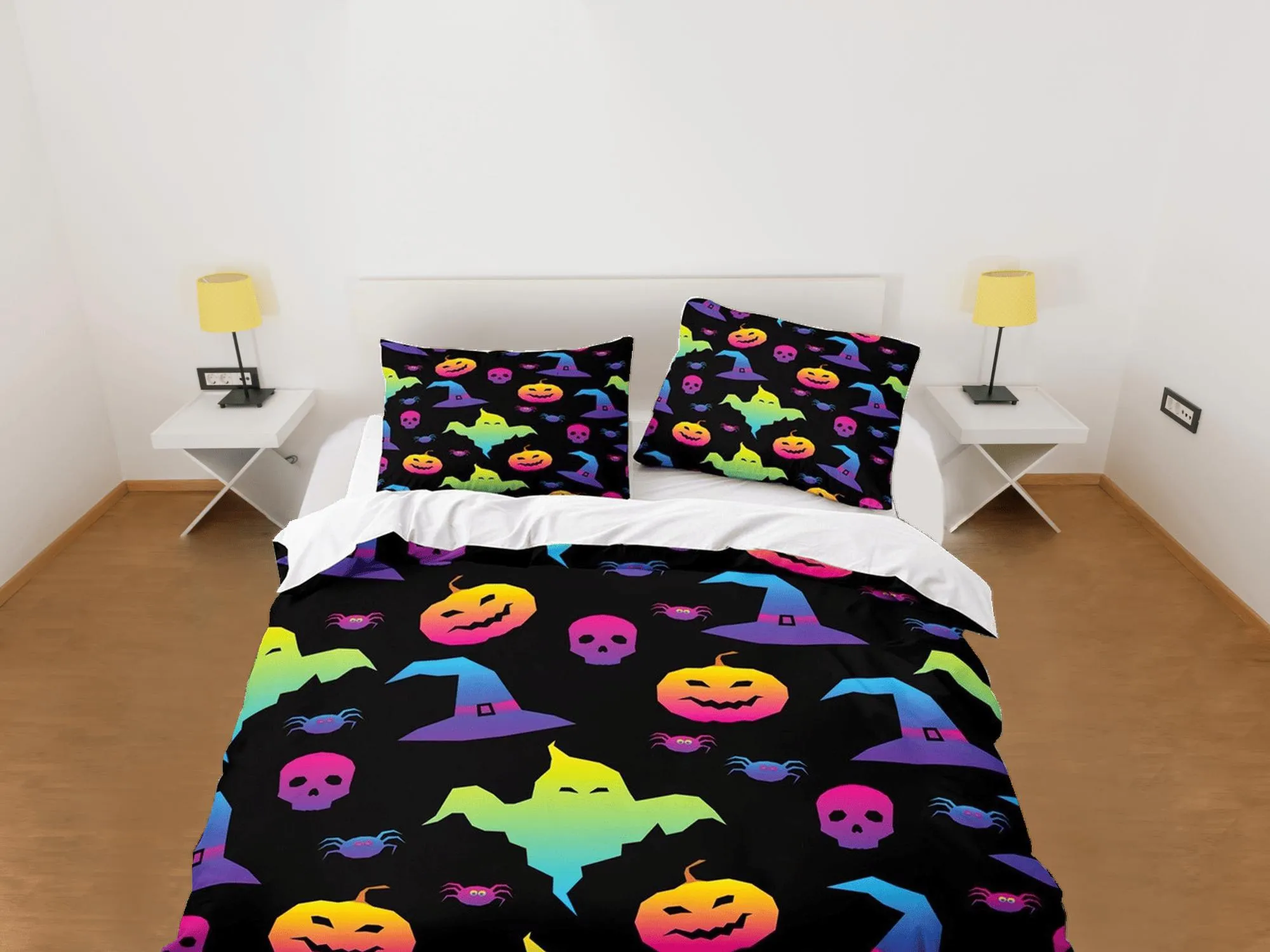 90s neon cute halloween full bedding & pillowcase, duvet cover set dorm bedding, halloween decor, nursery toddler bedding, halloween gift