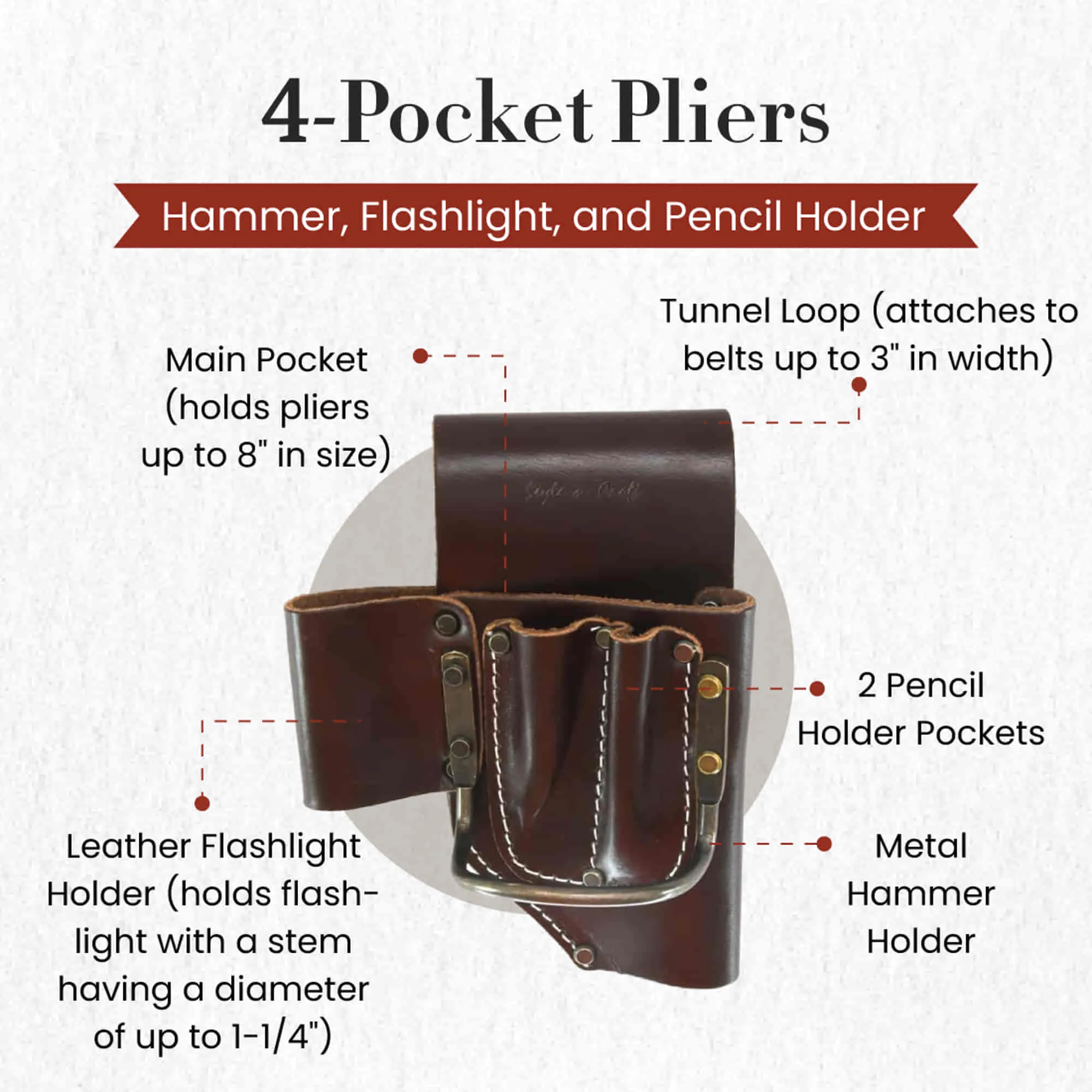 98460 - 4 Pocket Pliers, Hammer, Flashlight & Pencil Holder in Heavy Dark Tan Full Grain Leather | Style n Craft