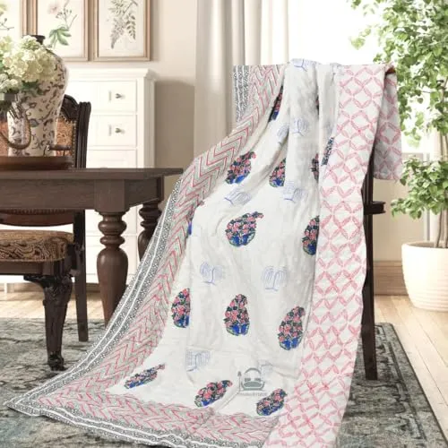 AARMOZY PINAARAS Interior Cotton Jaipuri Razai Double Bed Hand Block Floral Buta Bail Print Quilt Blanket - Blue/Pink (Double Bed E) (90X108INCHES)