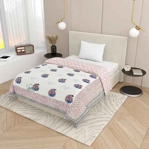 AARMOZY PINAARAS Interior Cotton Jaipuri Razai Double Bed Hand Block Floral Buta Bail Print Quilt Blanket - Blue/Pink (Double Bed E) (90X108INCHES)