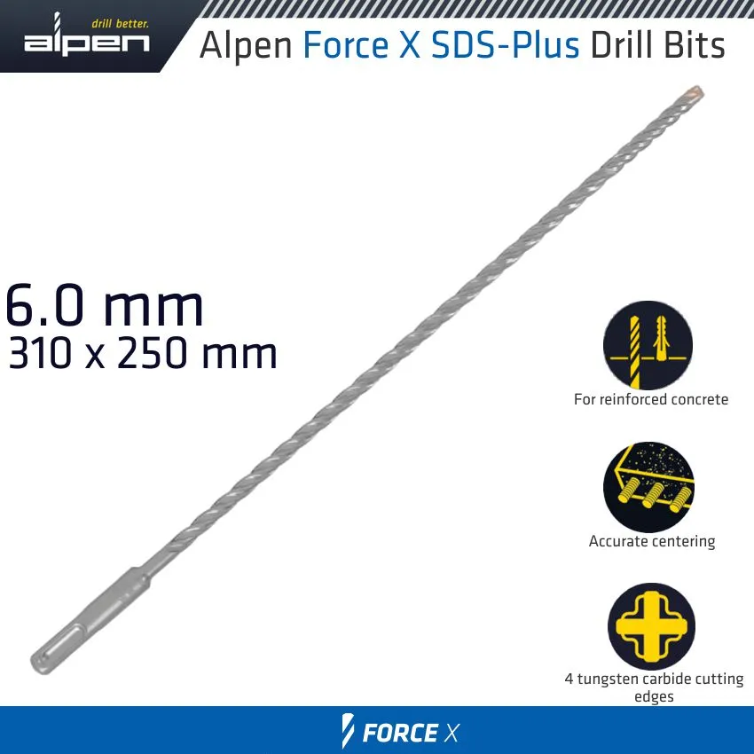 ALPEN FORCE X 6.0 x 310/250 SDS-PLUS DRILL BIT X4 CUTTING EDGES ALP845006