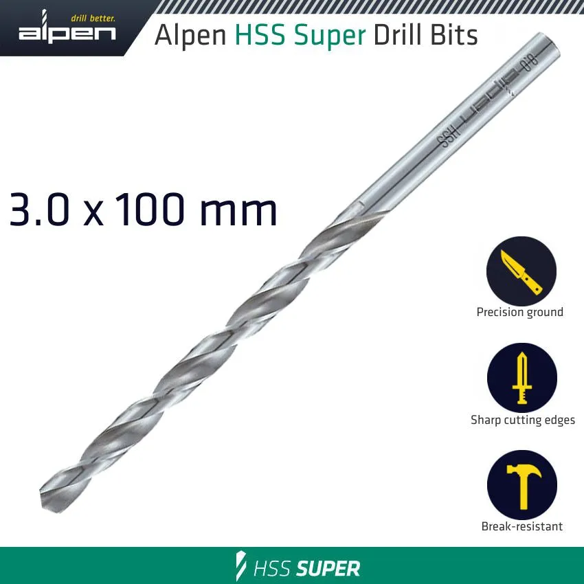 ALPEN HSS DRILL BIT LONG 3 X 100MM BULK ALP55103