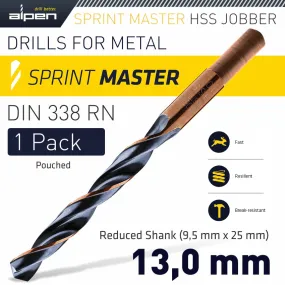 ALPEN HSS SPRINT MASTER 13.0MM RED SHANK 9.5MM X1 SLEEVED DIN338 ALPEN DRILL ALP6400130