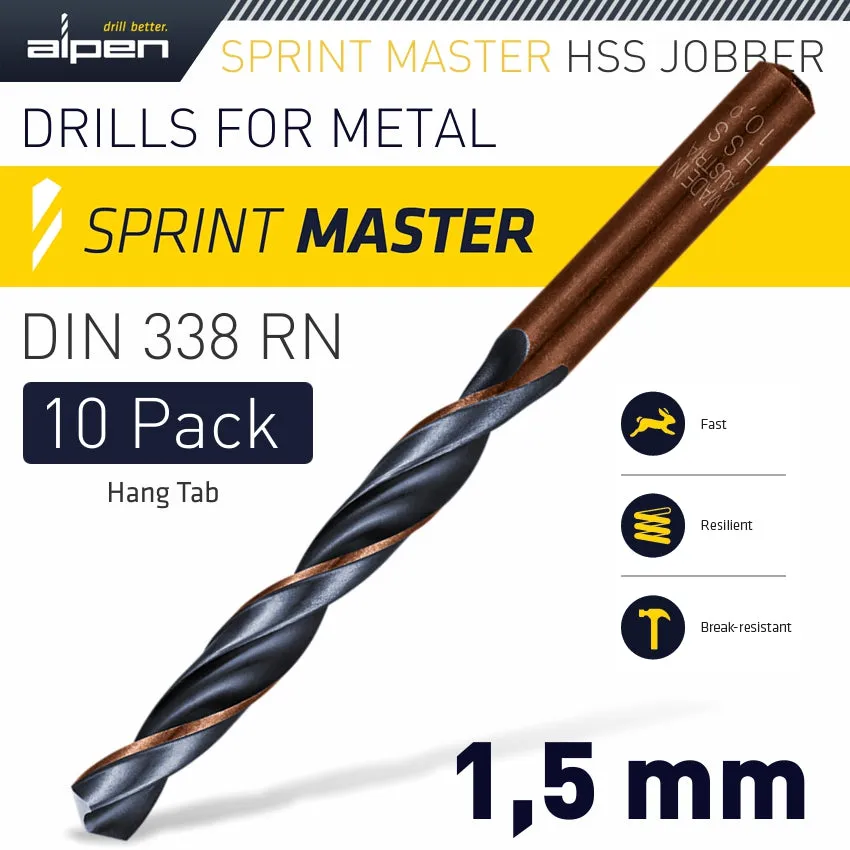 ALPEN HSS SPRINT MASTER 1.5MM 10-PACK HANG TAG DIN 338 ALPEN DRILL BITS ALP6310015