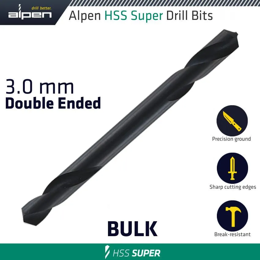 ALPEN HSS SUPER DRILL BIT DOUBLE ENDED 3.0MM BULK ALP32103