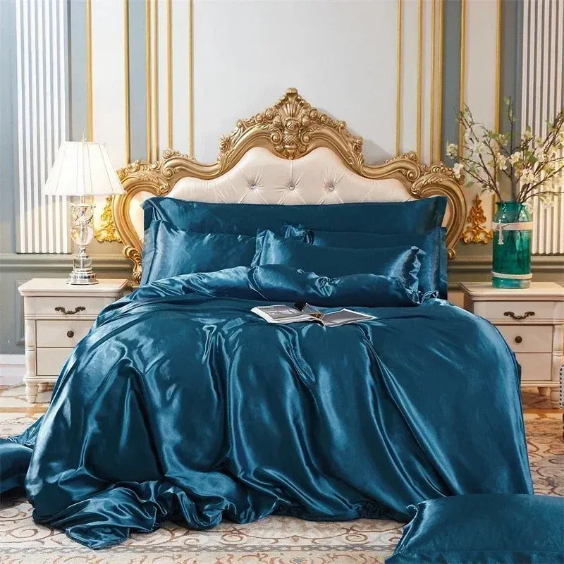 Anyhouz Beddings Blue AU EU King Size 3 Pc High End Satin Smooth Duvet Cover Set Luxury Polyester Silky Soft Cozy Bedding Set