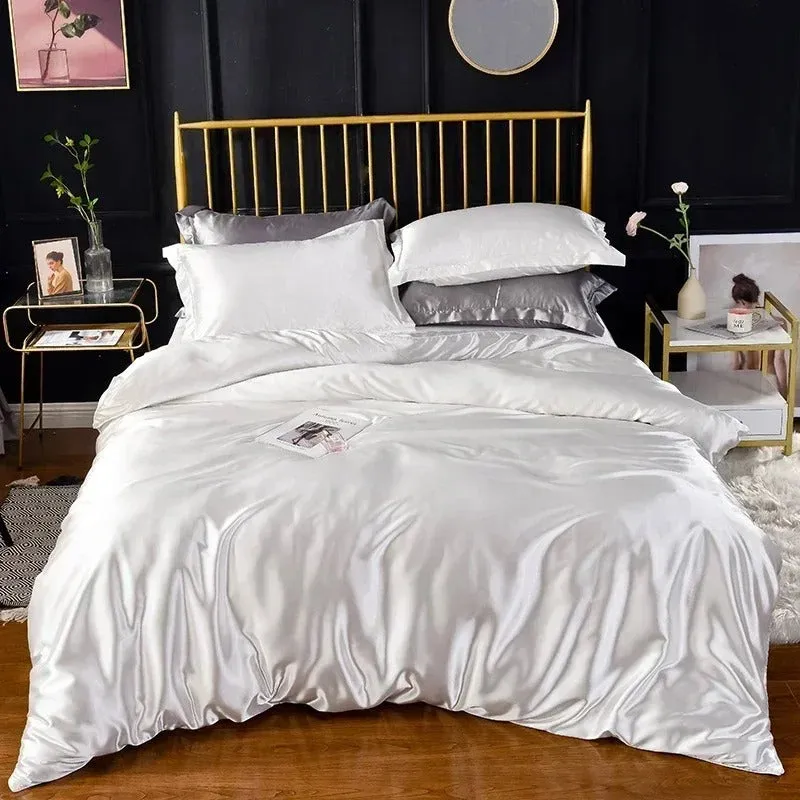 Anyhouz Beddings White US Twin Size 3 Pcs High End Satin Smooth Duvet Cover Set Luxury Polyester Silky Soft Cozy Bedding Set