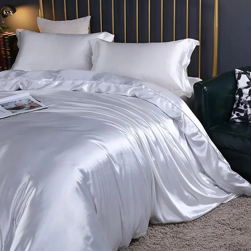 Anyhouz Beddings White US Twin Size 3 Pcs High End Satin Smooth Duvet Cover Set Luxury Polyester Silky Soft Cozy Bedding Set