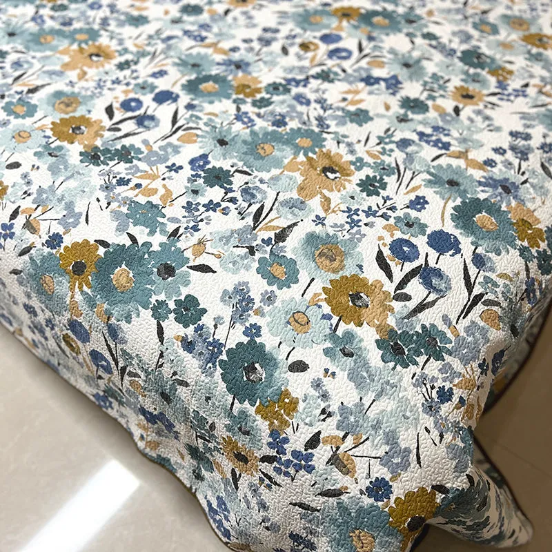 Aqua Yellow Floral Printed Cotton 3 Piece Bedspread Bedding Set