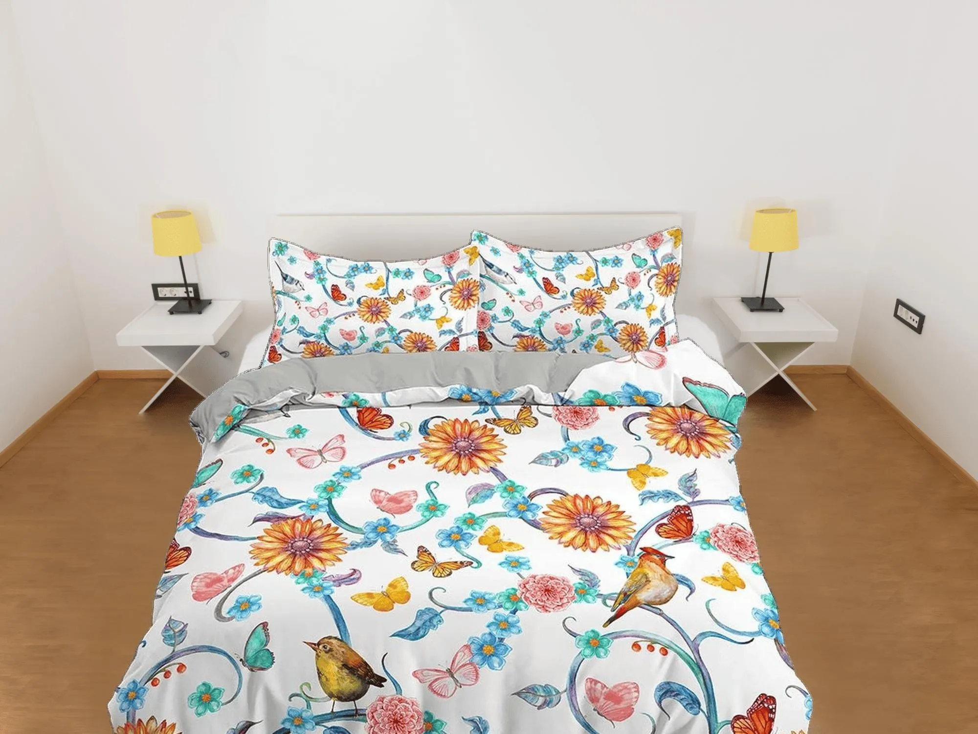 Birds and flowers bedding farmhouse duvet cover queen, king, boho duvet, designer bedding, aesthetic bedding, maximalist full size bedding