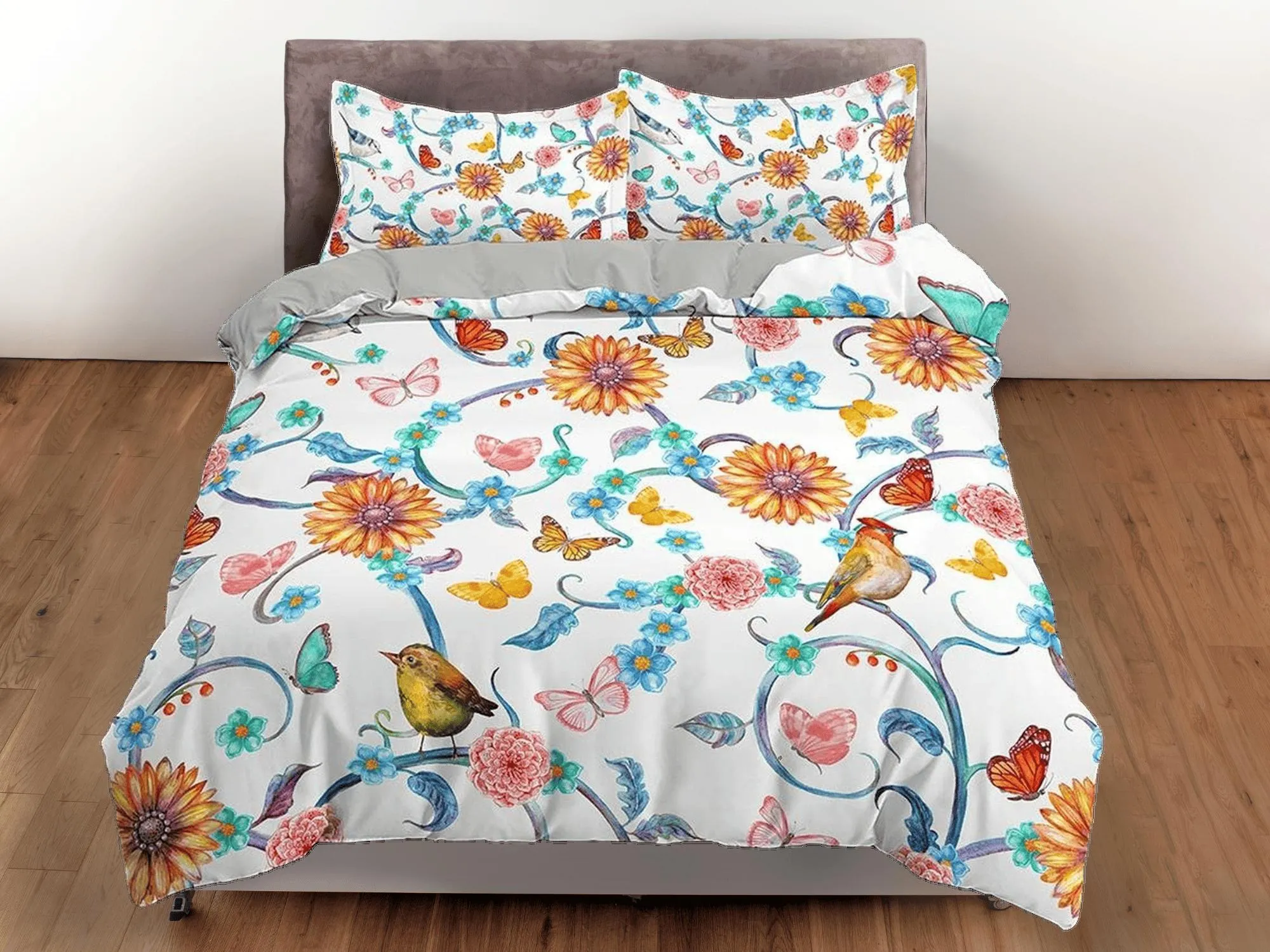 Birds and flowers bedding farmhouse duvet cover queen, king, boho duvet, designer bedding, aesthetic bedding, maximalist full size bedding