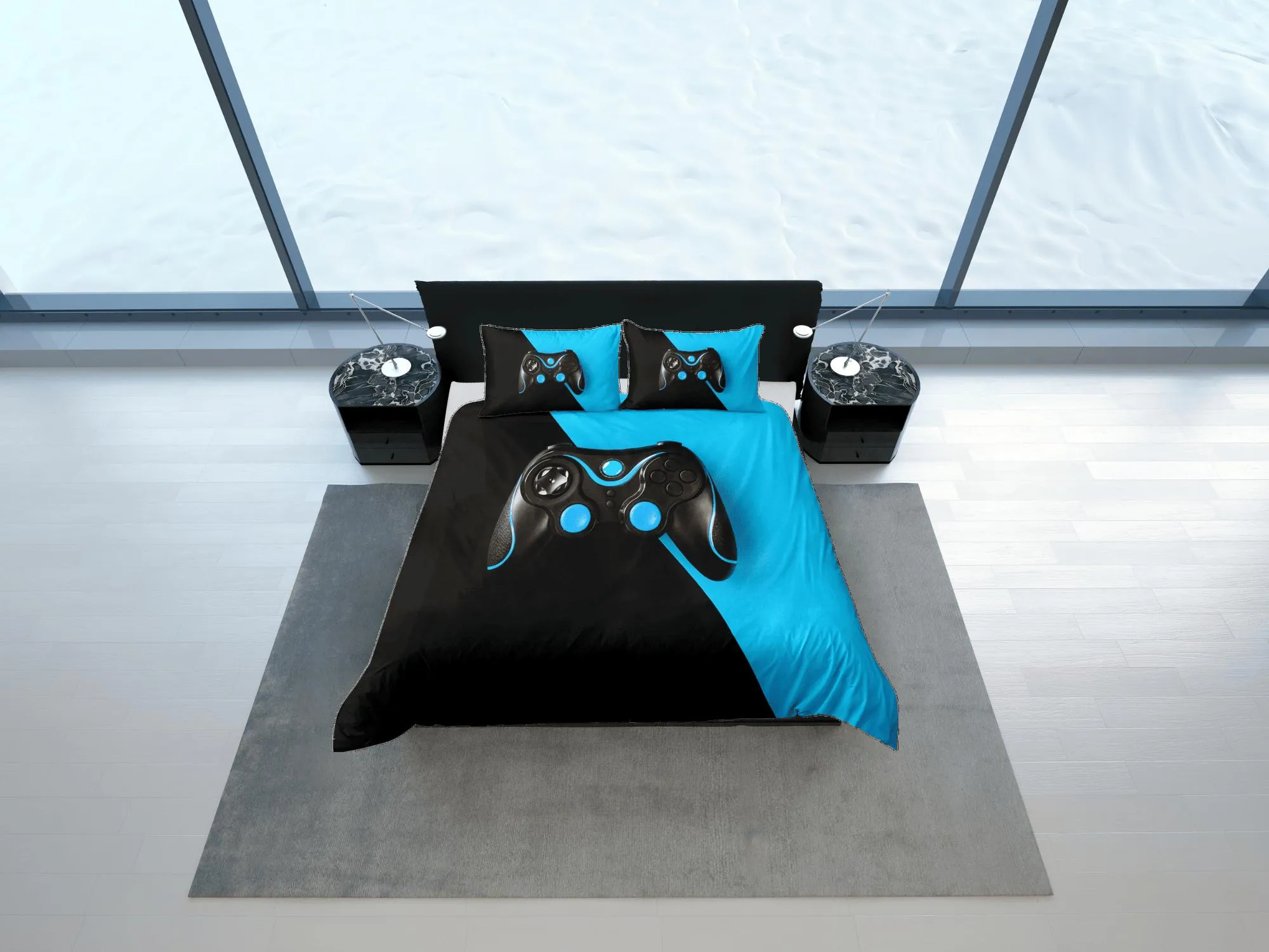 Black and blue gamer bedding duvet cover, video gamer boyfriend gift bedding set full king queen twin, boys bedroom, college dorm bedding