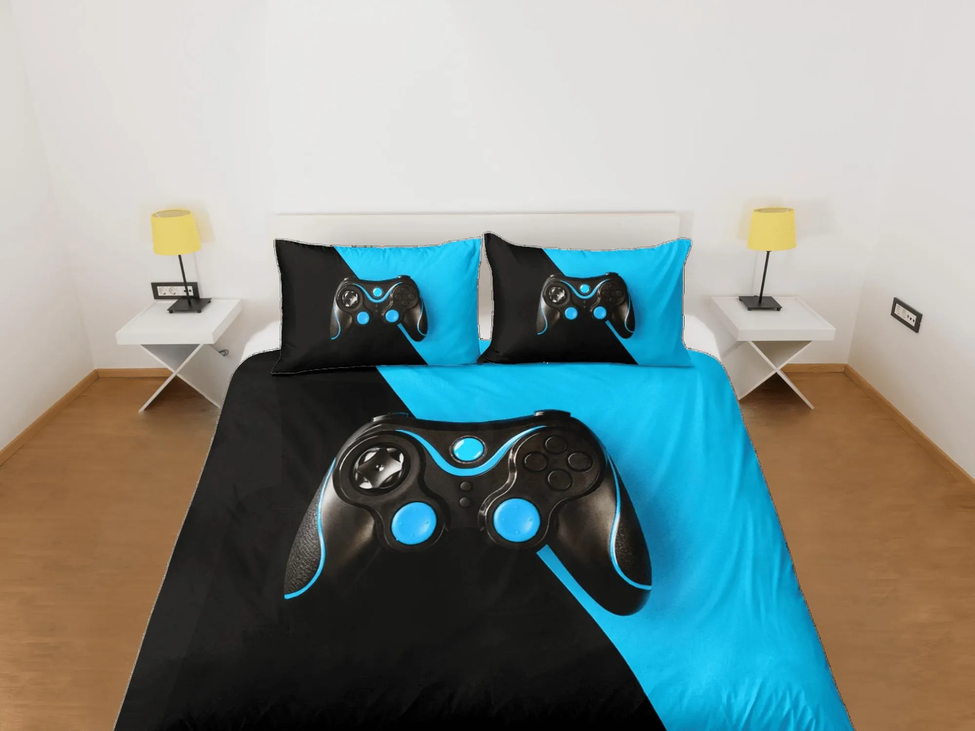 Black and blue gamer bedding duvet cover, video gamer boyfriend gift bedding set full king queen twin, boys bedroom, college dorm bedding