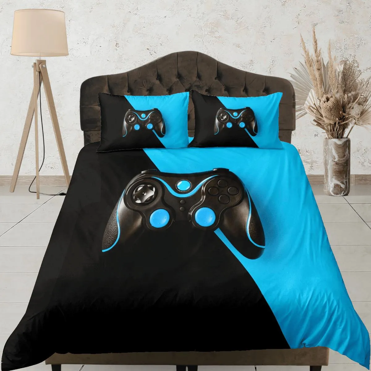 Black and blue gamer bedding duvet cover, video gamer boyfriend gift bedding set full king queen twin, boys bedroom, college dorm bedding