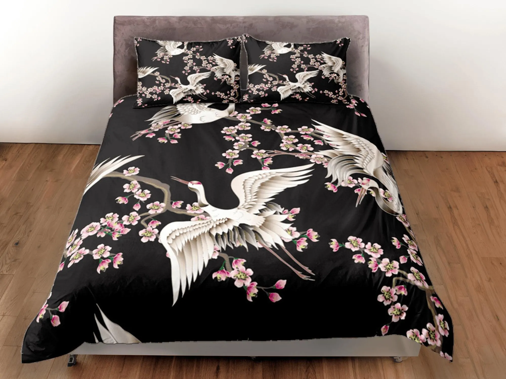 Black Duvet Cover Set Japanese Crane Duvet Kimono Design Floral Bedspread Pillowcase Set Dorm Bedding