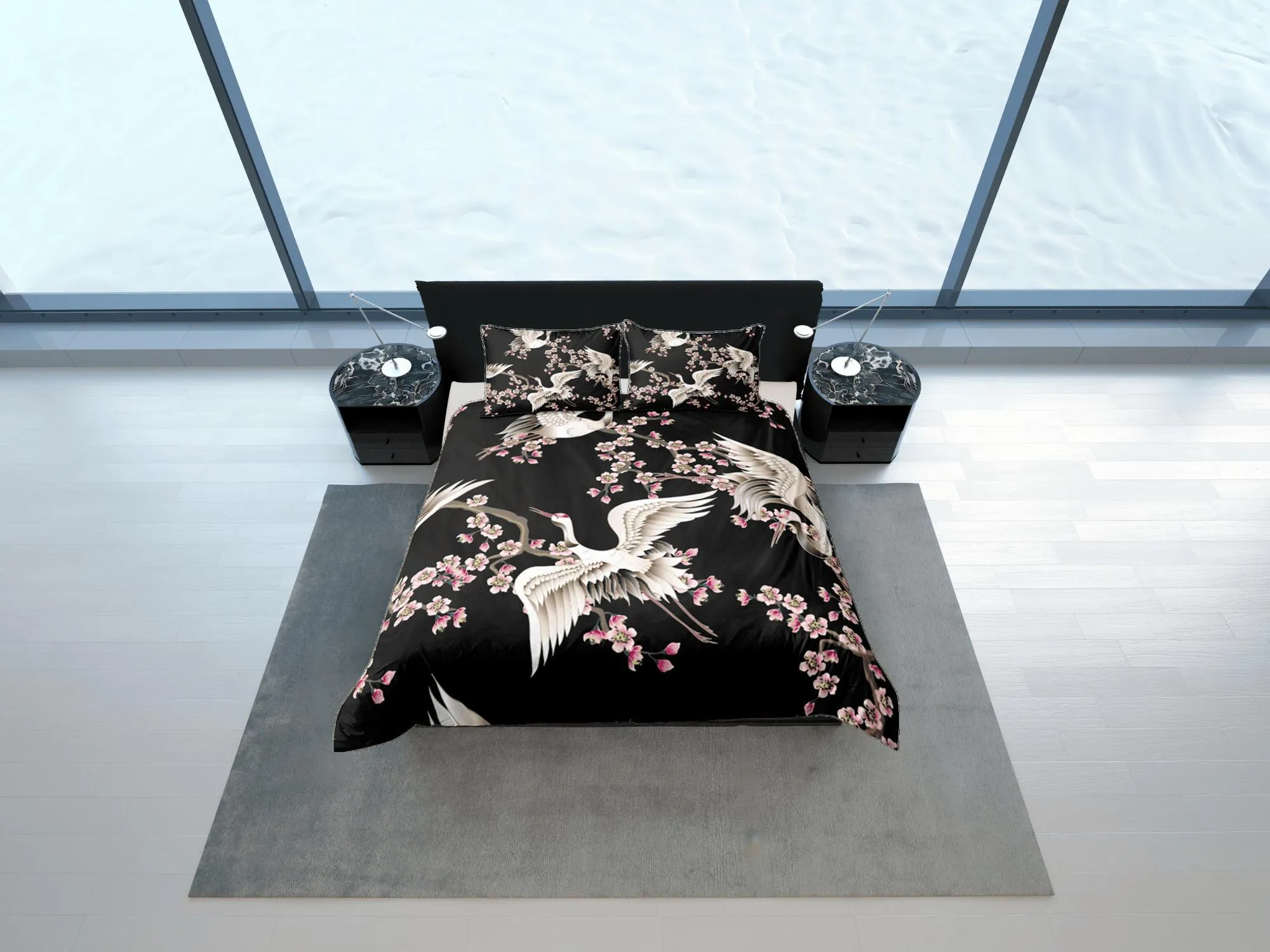 Black Duvet Cover Set Japanese Crane Duvet Kimono Design Floral Bedspread Pillowcase Set Dorm Bedding