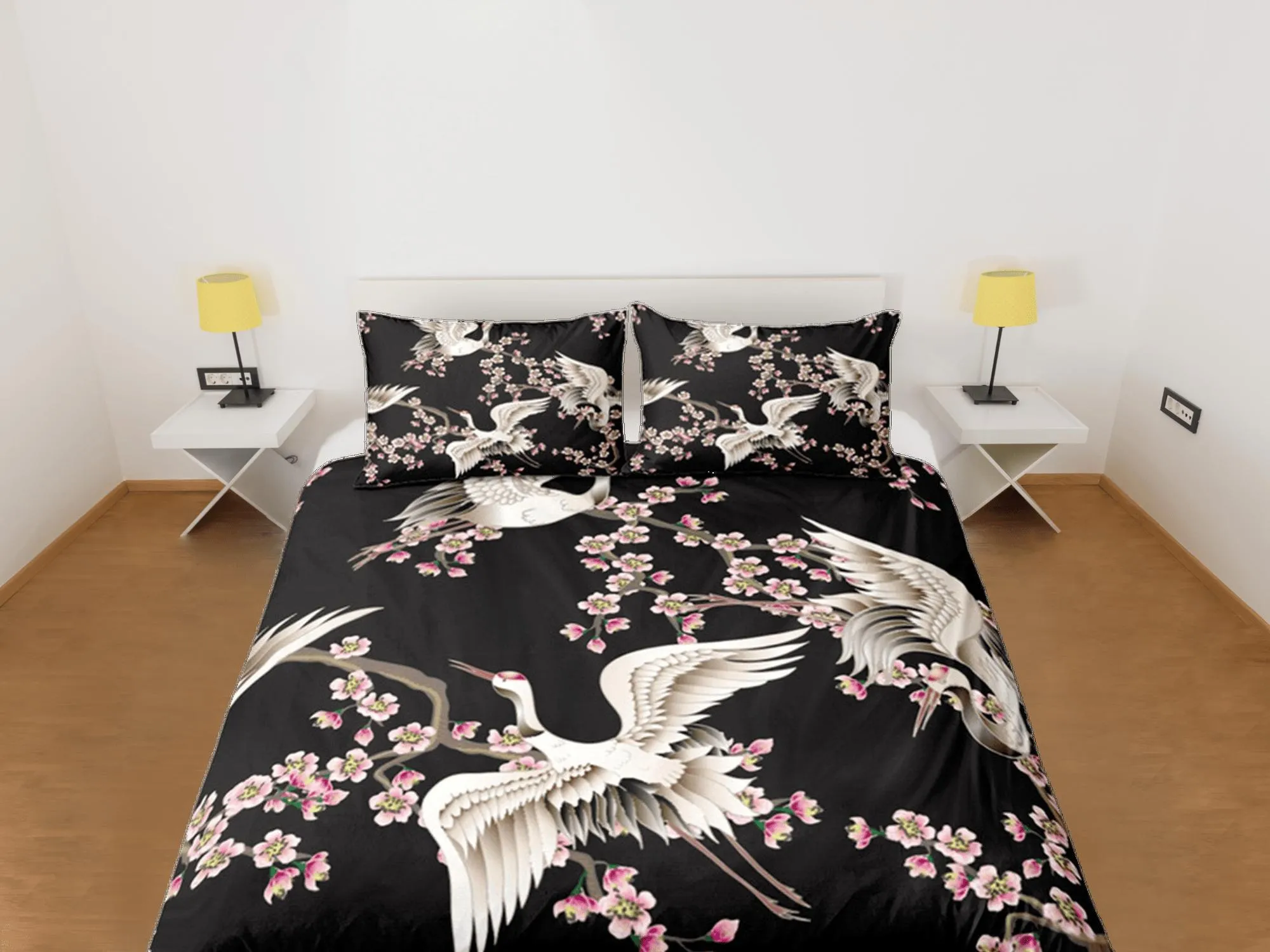 Black Duvet Cover Set Japanese Crane Duvet Kimono Design Floral Bedspread Pillowcase Set Dorm Bedding