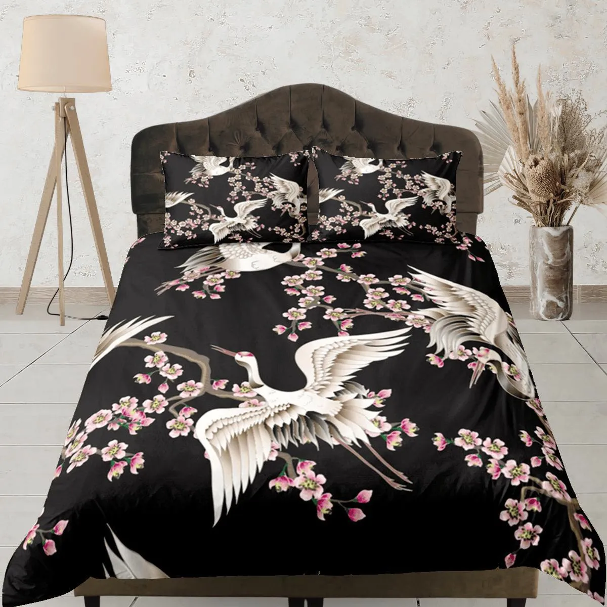 Black Duvet Cover Set Japanese Crane Duvet Kimono Design Floral Bedspread Pillowcase Set Dorm Bedding