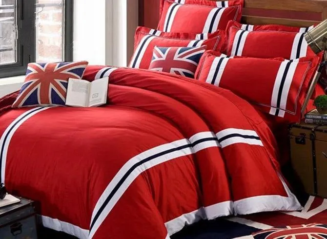 Blue and White Stripe Print Vivid Red Luxury 4-Piece Cotton Duvet Cover Sets