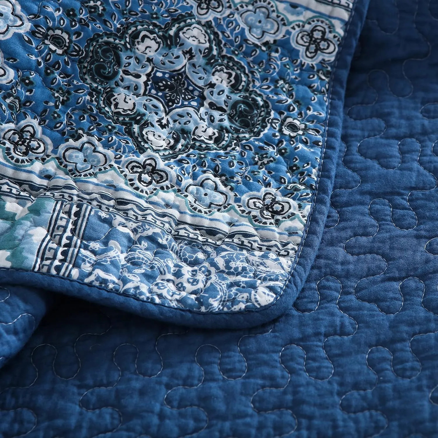 Blue Bohemian Cotton Reversible Rustic Patchwork Printed Bedding Quilt Coverlet Set