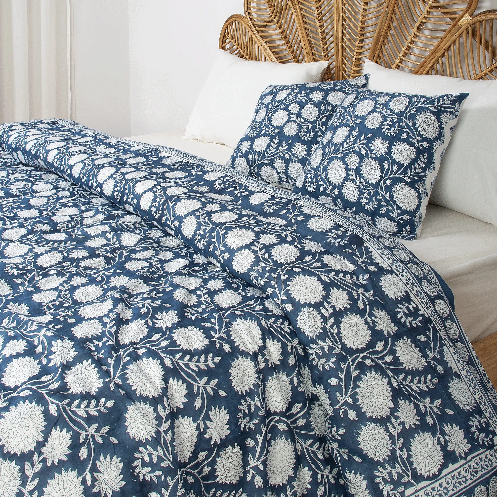 Blue Hand Block Floral Print Cotton Double Bed Duvet Cover With Shams