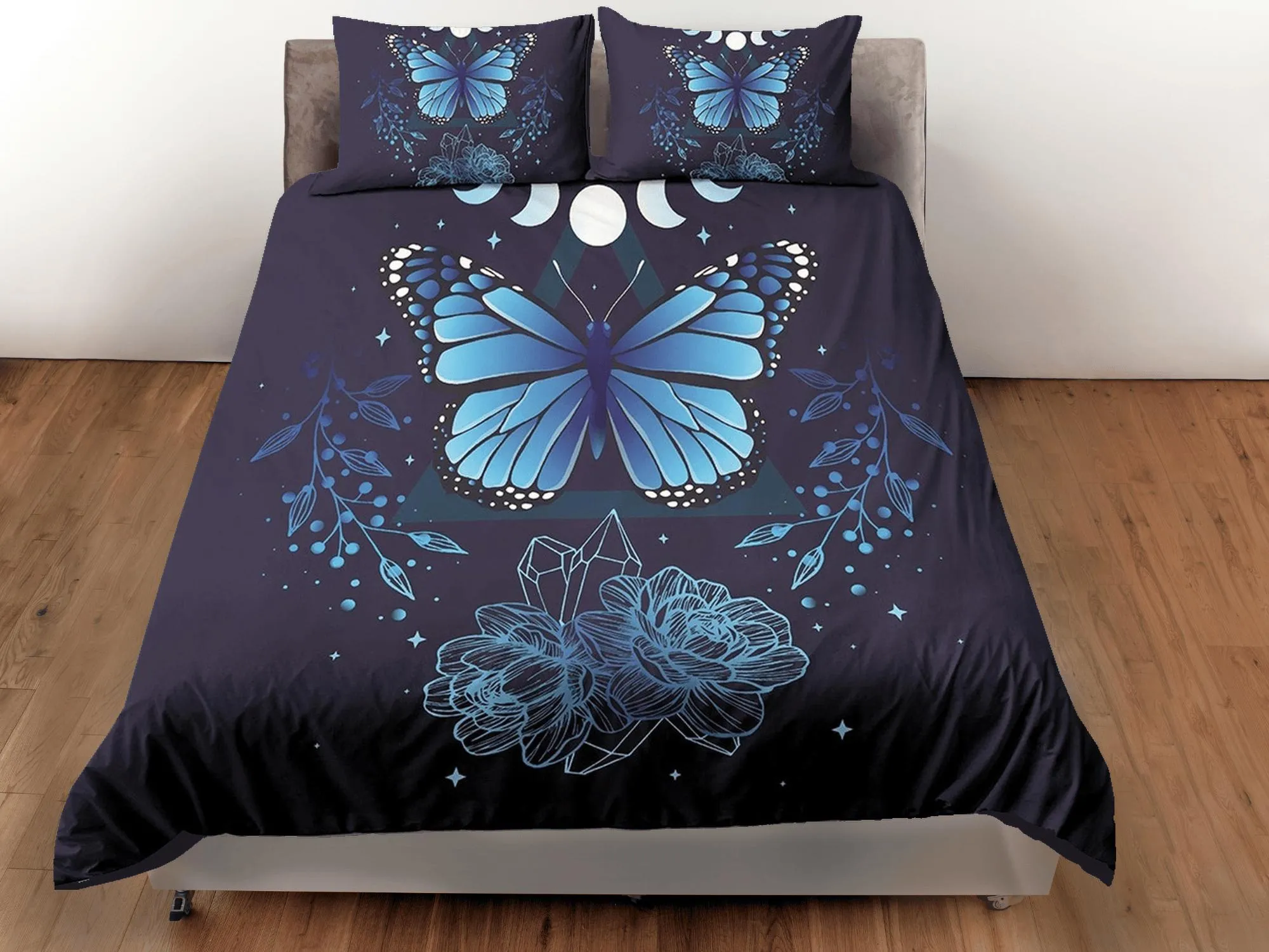 Blue monarch butterfly celestial bedding, witchy dorm bedding, aesthetic duvet cover set, boho bedding set full king queen, astrology gothic