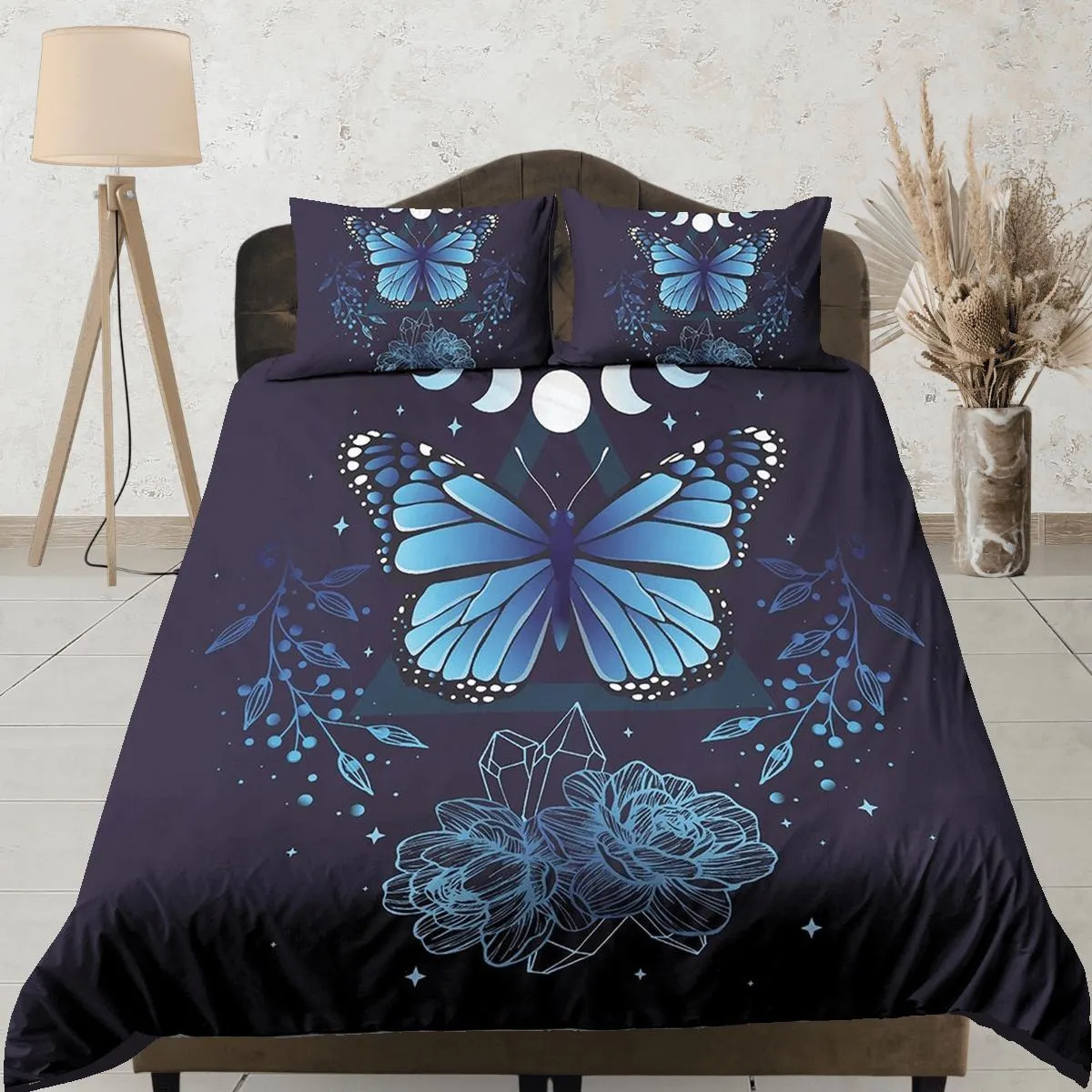 Blue monarch butterfly celestial bedding, witchy dorm bedding, aesthetic duvet cover set, boho bedding set full king queen, astrology gothic